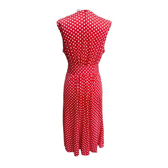 Vintage Womens Red & White Polka Dot V Neck Tie Waist Sleeveless Midi Dress - Picture 2 of 11